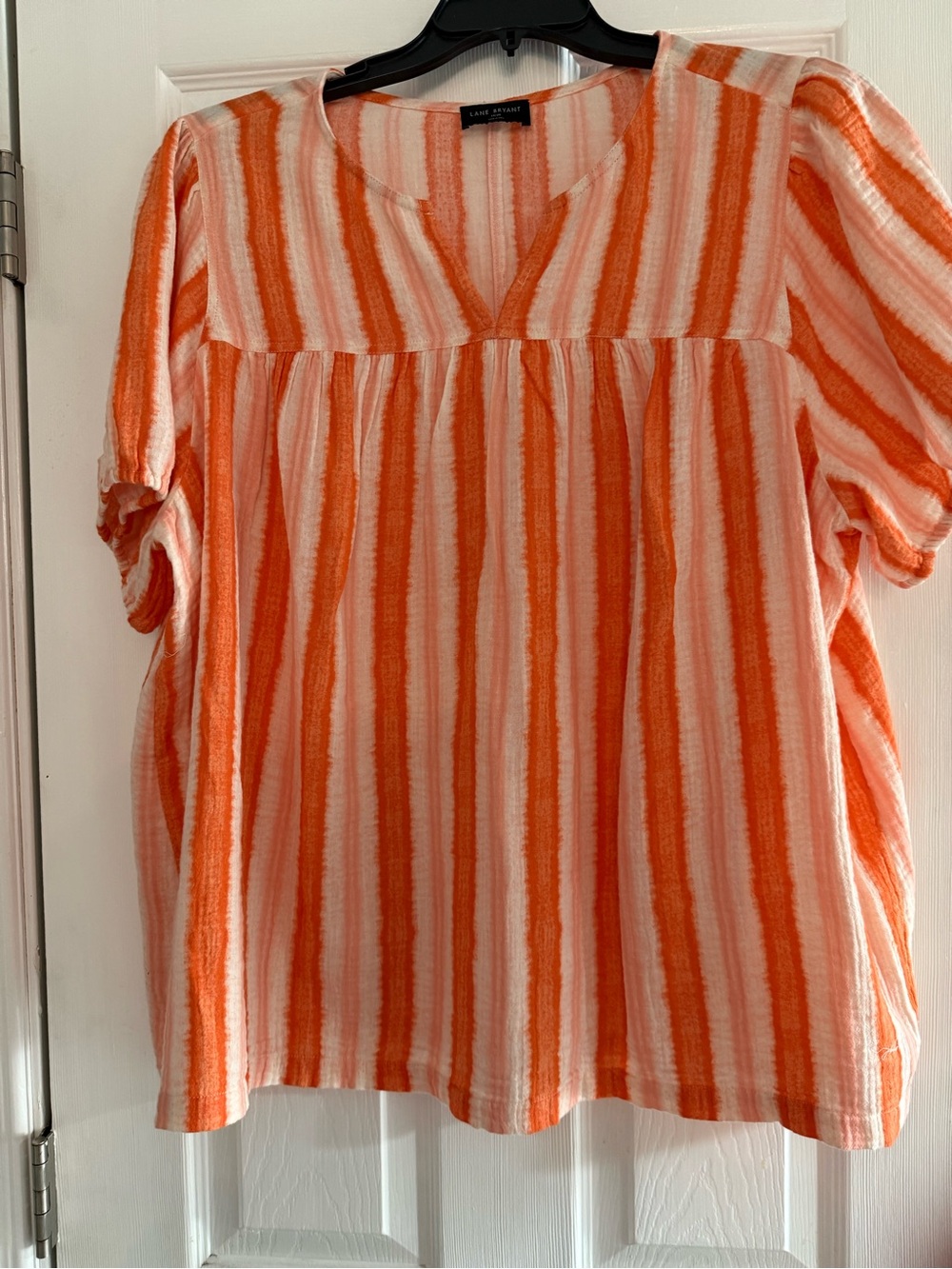 Lane Bryant Orange & White Striped V-Neck Flutter Sleeve Tunic